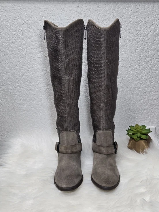 Donald J. Pliner Dela Taupe Suede Western Tall Buckle Boots, Size 7.5 - Picture 2 of 9